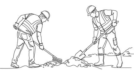 Two construction workers using a shovel and a rake on a job site. © Fardeen_Ghusyarib
