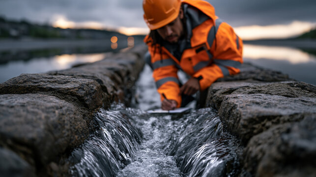 Water rushing through a narrow stone channel between two wide reservoirs, industrial engineer crouching to inspect the constriction point with a clipboard, overcast dramatic sky reflecting on still 