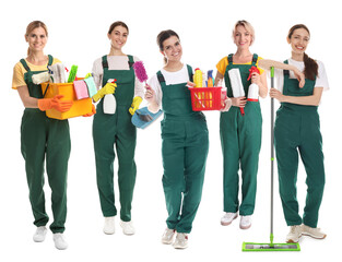 Obraz premium Group of cleaning service workers on white background