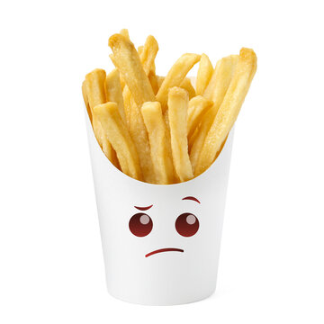 French fries in packaging with skeptical face on white background