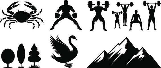 Fototapeta premium Crab, boxer, weightlifting athletes, swan, mountains, and tree silhouettes vector collection for sports and nature design