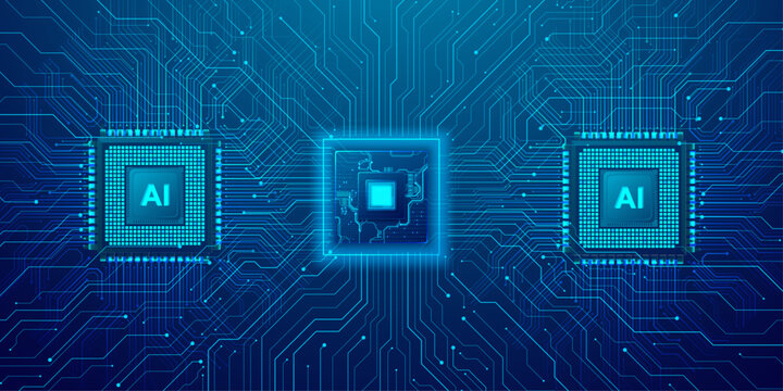 Three artificial intelligence processors with complex interconnected digital circuit boards on dark background.