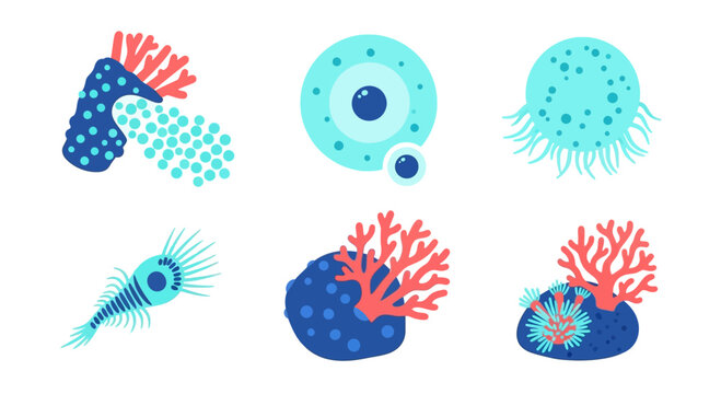 Colorful Microscopic Marine Life Icons: Corals, Plankton, Jellyfish, Cells