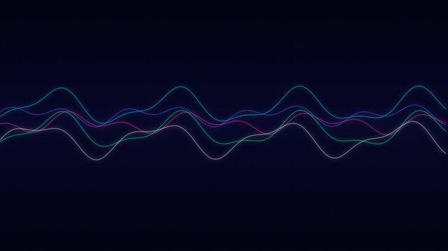 Multicolor neon sine wave audio visualizer motion background animation loop for music video podcast broadcast sound frequency display and digital media creative production overlay use