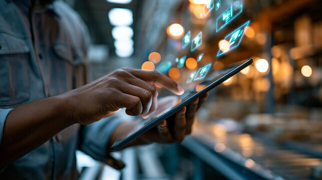 Smart warehouse concept featuring a worker using a tablet integrated with IoT tracking technology to identify packages and coordinate picking routes, glowing digital indicators on shelving