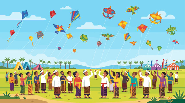 A vibrant flat design illustration showcasing a diverse crowd of people gazing upwards at numerous colorful kites filling the sky, capturing the lively atmosphere of the Denpasar Kite Festival. 