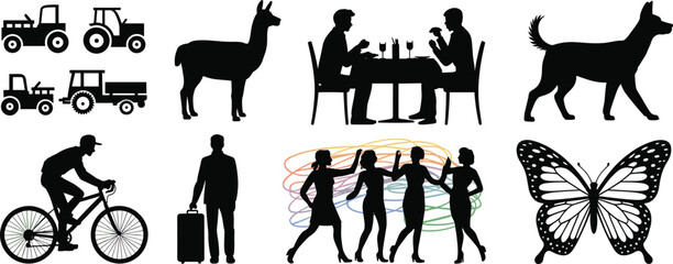 Tractor, llama, dining people, dog, cyclist, butterfly, and travel silhouettes vector set for lifestyle and nature design © MDSHOHANUR