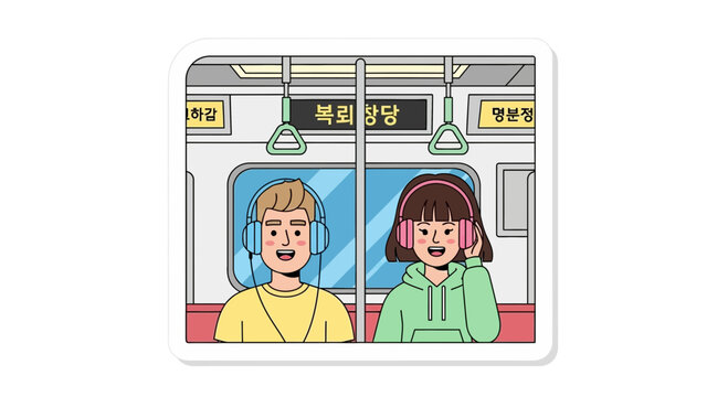 Young couple listening to music on a subway train