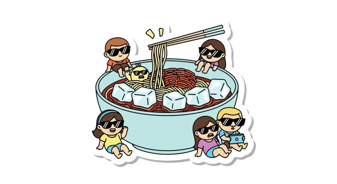 Cartoon group of friends eating ramen noodles together