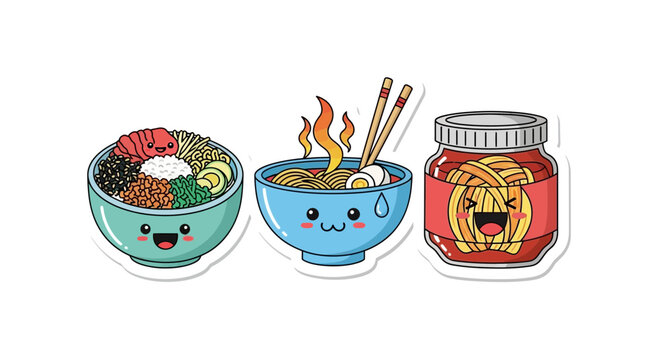 Cute cartoon ramen noodle and kimchi bowl character set