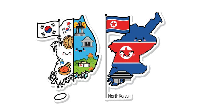 South and north korea map icons with flags