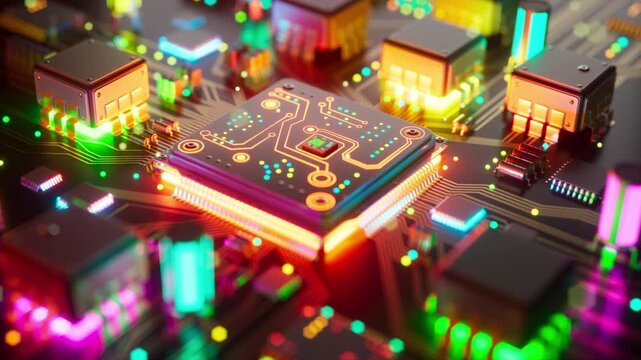 Seamless 3D loop animation featuring a glowing AI chip connected to a futuristic motherboard. Neon cyber technology background with vibrant electronic circuits and sci-fi atmosphere.