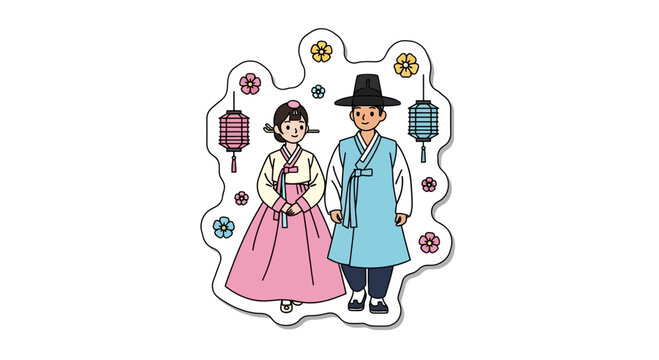 Korean couple in traditional hanbok clothes with lanterns