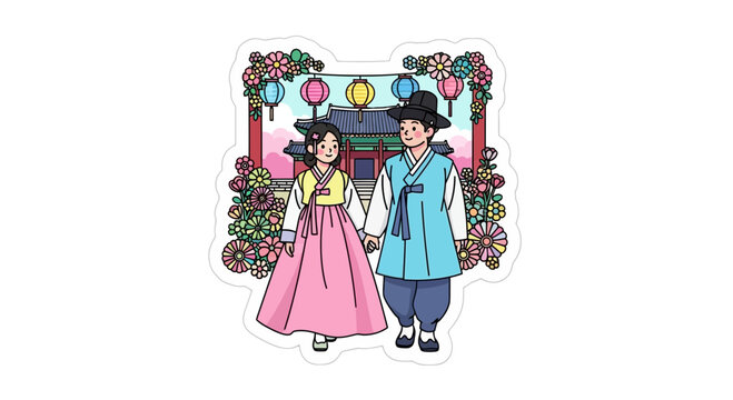 Couple in traditional korean hanbok clothing at temple