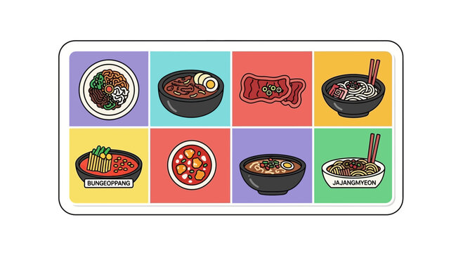 Set of colorful asian food bowl icons in flat style