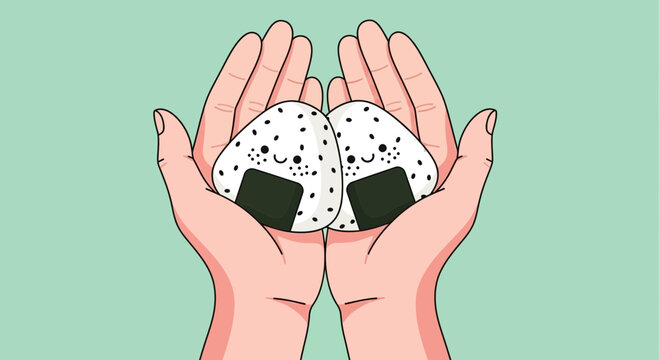 Two cute onigiri rice balls held in human hands