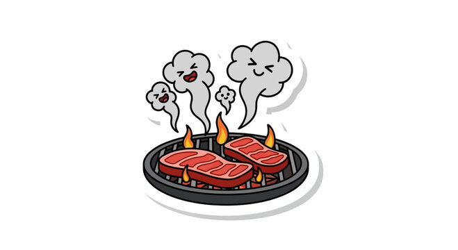 Fresh red meat steaks cooking on a hot charcoal grill