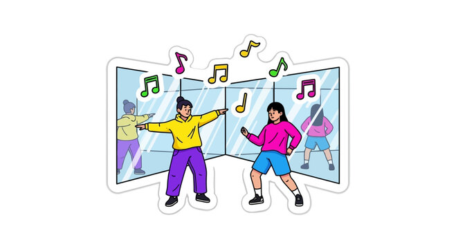 Group of young people dancing in a studio with music notes