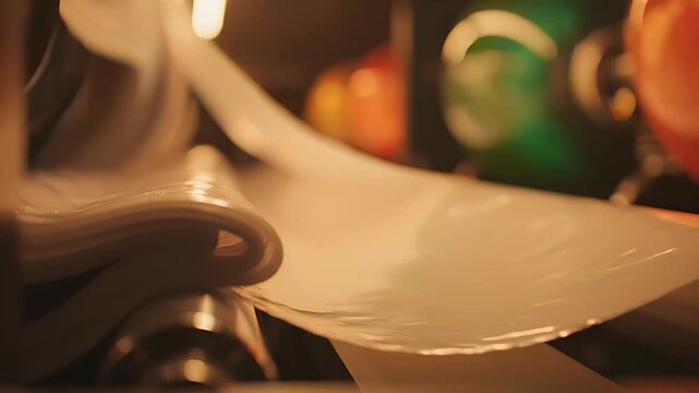 Plastic film moving through industrial rollers in a manufacturing facility. Close-up of transparent polymer material processed on an automated line. Industrial packaging concept for automation.