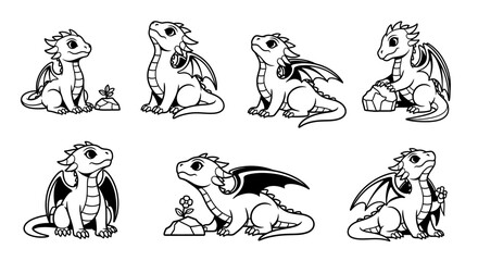 Fototapeta premium Cute Baby Dragon Illustrations Set: Fantasy Creature Poses and Elements