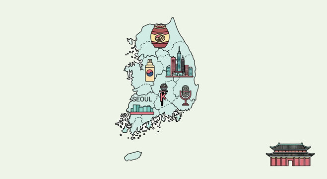 South Korea Map with Cultural Icons and Cityscape Illustrations