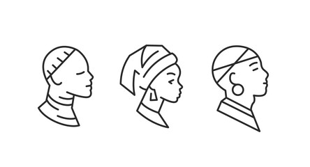 African woman icons. Set of 3 african woman trendy minimal icons. Traditional hairstyle, headwrap woman, profile portrait. Design signs for web page, mobile app, packaging design. Vector illustration © InvisionFrameStudio