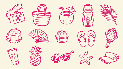 Collection of hand-drawn summer vacation icons and symbols, perfect for travel and leisure themes. © Clara