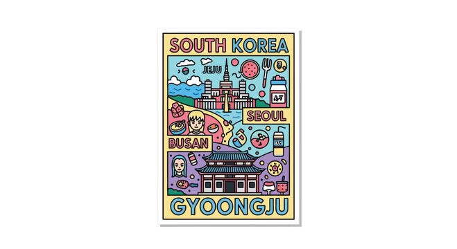 Colorful travel poster of gyeongju city landmarks in korea