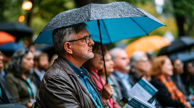 World Environment summit outdoor plenary session disrupted by unexpected downpour, delegates clutching printed agendas while staff rush to cover equipment, umbrellas opening across audience seating,