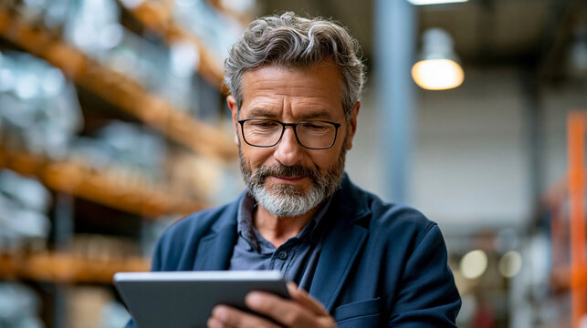 Senior male warehouse manager using a digital tablet to scroll through product procurement, cargo, and inventory search records, standing in a large factory warehouse with stacked goods