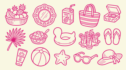 Collection of cute pink summer vacation and beach icons, perfect for travel and leisure themes. © Clara