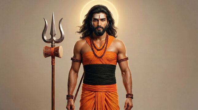 Machindranath stands in a serene studio-style divine portrait with glowing halo aura and sacred trishul presence, symbolizing calm enlightenment and ascetic authority illustrative wallpaper