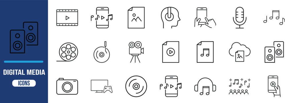 Digital media entertainment technology icons. smartphone icon set, camera icon set, headphones icon set