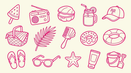 Collection of summer vacation icons and symbols in a doodle style, perfect for beach and travel themes. © Clara