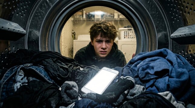 A man looks worriedly at a smartphone inside a washing machine with clothes. Concept of technology mishaps, daily life challenges, and digital dependency. Generative AI