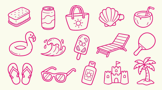 Collection of cute pink summer vacation doodles including a flamingo float, ice cream, sunglasses, and a sandcastle.