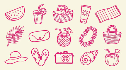 Collection of summer vacation icons and symbols, perfect for travel and leisure themes. © Clara
