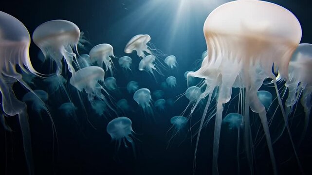 A mesmeric school of jellyfish drifts through the deep ocean, illuminated by ethereal shafts of sunlight filtering from above, creating a tranquil and otherworldly underwater scene.