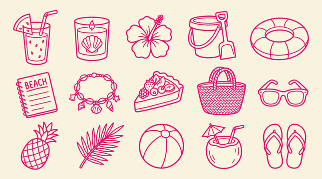 Collection of hand-drawn summer icons including drinks, beach toys, food, and accessories on a beige background.