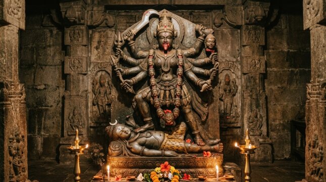 Ancient stone statue of Hindu Goddess Kali standing on Lord Shiva
