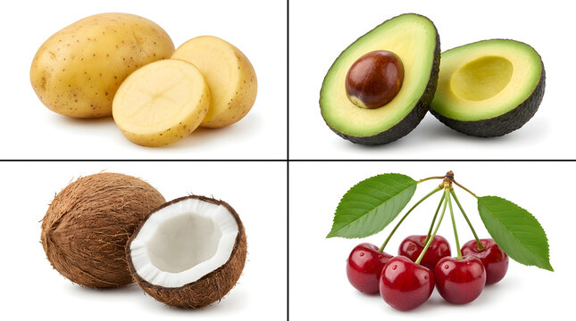A Quartet of Fresh Produce: A vibrant collage showcasing the natural goodness of potatoes, avocados, coconuts, and cherries, offering a diverse palette of healthy ingredients.