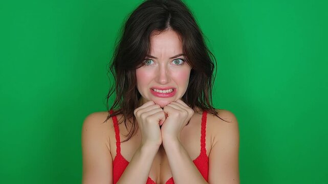 Female biting her lip in nervous anticipation before a big event.