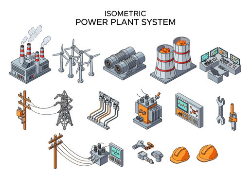 Isometric illustration of a modern power plant and electricity distribution system with turbines, transformers, and control panels