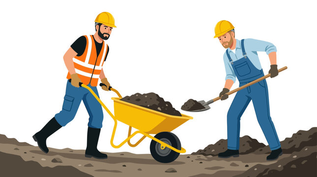 Two construction workers digging and transporting soil with a wheelbarrow.