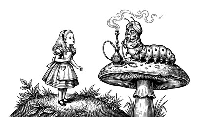 Obraz premium Alice in Wonderland Inspired Fantasy Scene with Caterpillar on Mushroom Illustration