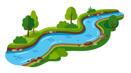 Winding Stream Landscape With Trees And Vegetation Vector Illustration © rita