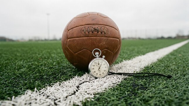 Rugby ball and stopwatch on field