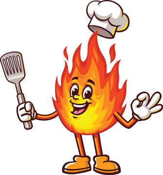 Cartoon mascot of a flame is being a chef and holding a spatula