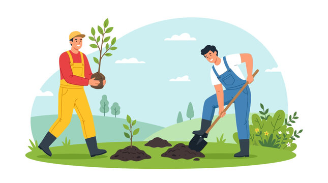 Two gardeners planting young trees in a field.