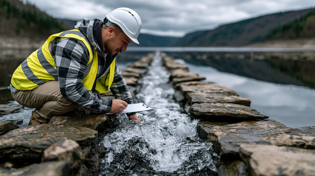 Water rushing through a narrow stone channel between two wide reservoirs, industrial engineer crouching to inspect the constriction point with a clipboard, overcast dramatic sky reflecting on still 